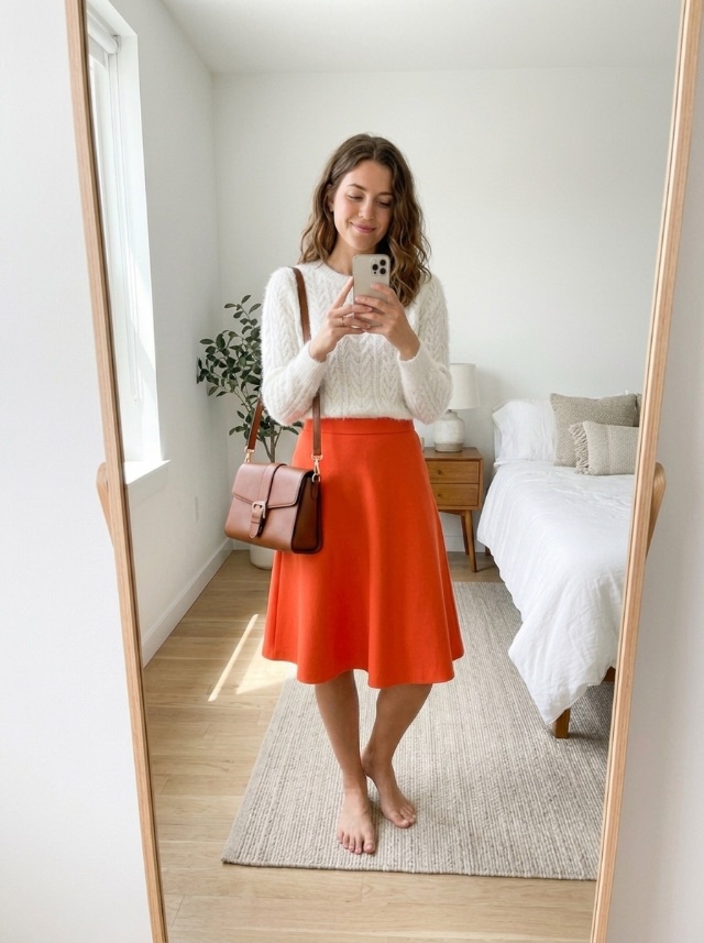 Woman wearing the tangerine skirt, fluffy white top and brown handbag suggested by Fittly